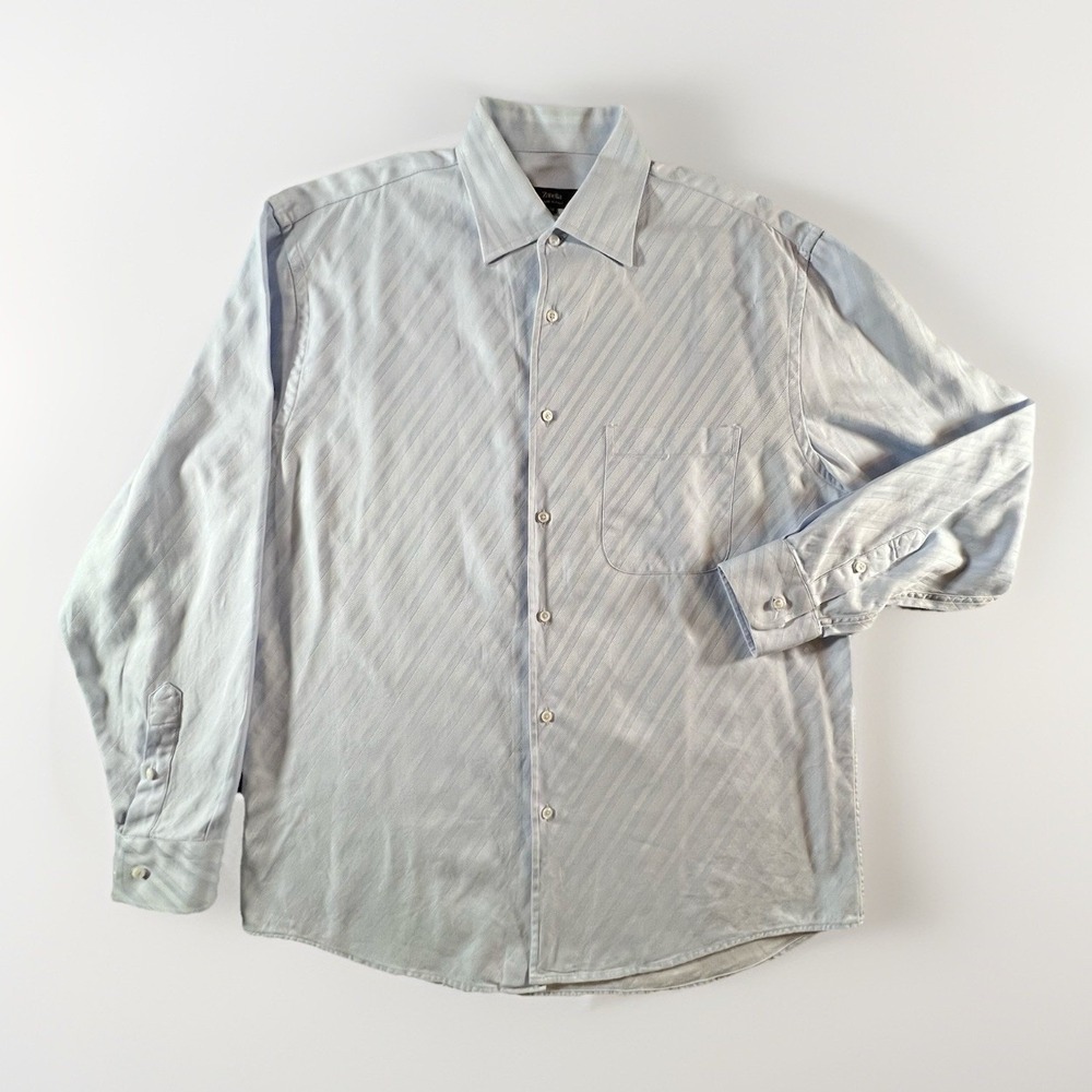 Zanella Mens Dress Shirt 17.5L Blue Stripe Luxury Italy Cotton Long Sleeve